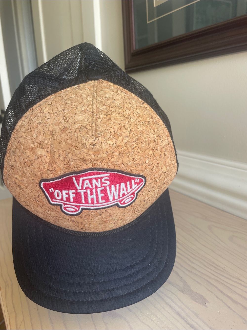 Vans Cork Front Black Mesh Trucker Hat with Red Patch